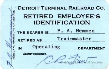 Card, Identification - Detroit Terminal Railroad Co.
Retired Employee's Identification