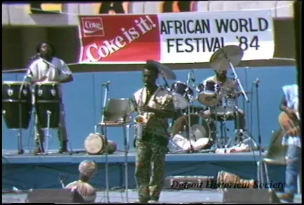 U-Matic - Day: Friday
Date: 8/24/84
Time: 12:30-2:30 P.M.
Subject: African World Festival / 8-24 thru 8-26 (noon 10:00 P.M.)
TV Shots: Band, Pan Shot of Crowd, 2-booths, Assorted Concessions, Artist, Jewelry, etc.