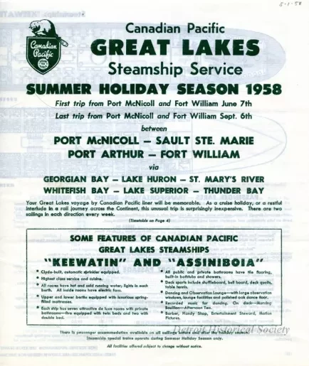 Brochure - Canadian Pacific Great Lakes Steamship Service,
Summer Holiday Season Schedule for 1958
