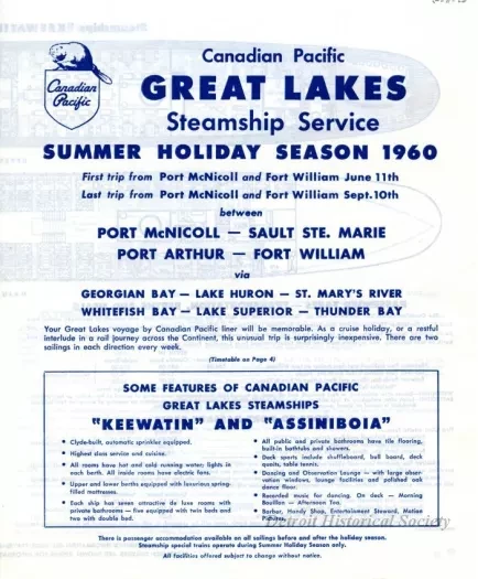 Brochure - Canadian Pacific Great Lakes Steamship Service,
Summer Holiday Season Schedule for 1960
