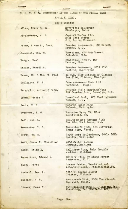 Roster - R.S.R.O.A. Membership at the Close of the Fiscal Year, April 4, 1939