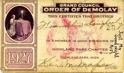 Card, Membership - Grand Council,
Order of DeMolay