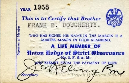 Card, Membership - Union Lodge of Strict Observance No. 3,
Grand Lodge F.& A.M. [Free & Accepted Masons] of Michigan