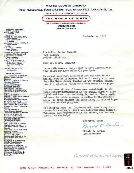 Letter - Wayne County Chapter 
The National Foundation for Infantile Paralysis