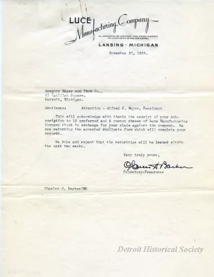 Letter - Luce Manufacturing Company