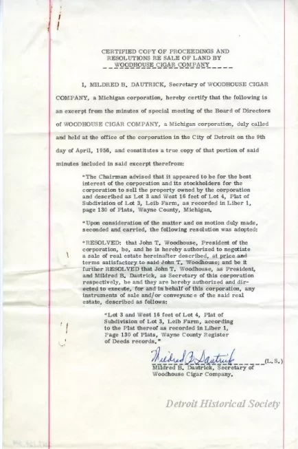 Resolution - Certified Copy of Proceedings and 
Resolutions Re Sale of Land by Woodhouse Cigar Company