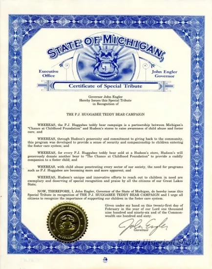 Certificate - The P. J. Huggabee Teddy Bear Campaign
