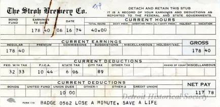 Stub, Paycheck - The Stroh Brewery Company