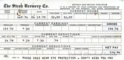 Stub, Paycheck - The Stroh Brewery Company