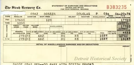 Stub, Paycheck - The Stroh Brewery Company
