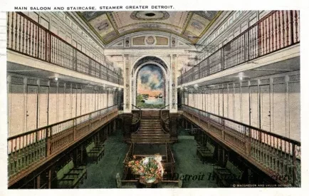 Postcard - Main Salon and Staircase, Steamer Greater Detroit