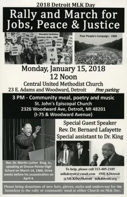 Poster - 2018 Detroit MLK Day
Rally and March for Jobs, Peace & Justice