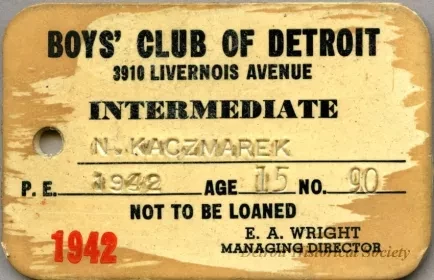 Card, Membership - Boys' Club of Detroit
3910 Livernois Avenue