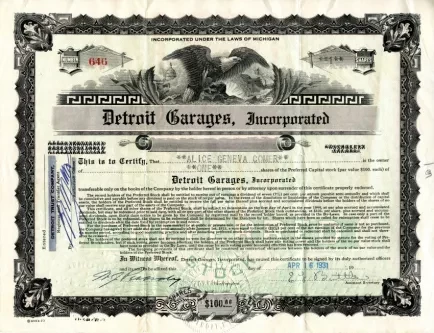 Certificate, Stock - Detroit Garages, Incorporated
