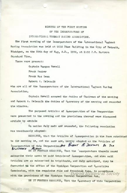 Minutes - Minutes of the First Meeting of the Incorporators 
of the International Tugboat Racing Association
