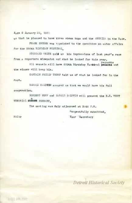Minutes - Minutes of the Luncheon Held in the Lafayette Room of 
the Hotel Fort Shelby on Monday, January 22, 1951