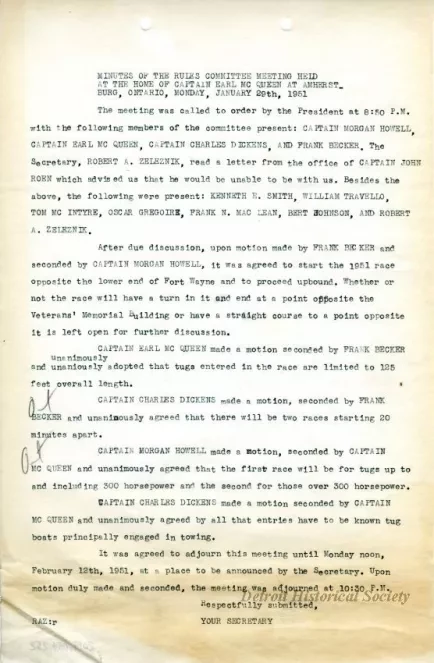 Minutes - Minutes of the Rules Committee Held at the Home of 
Captain Earl McQueen at Amherstburg, Ontario, Monday, January 29, 1951