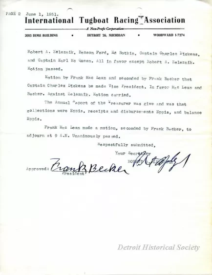 Minutes - Minutes of the First Annual Meeting of the International Tugboat Racing Association Held at 2015 Dime Building, Detroit 26, Michigan, on Friday, June 1, 1951