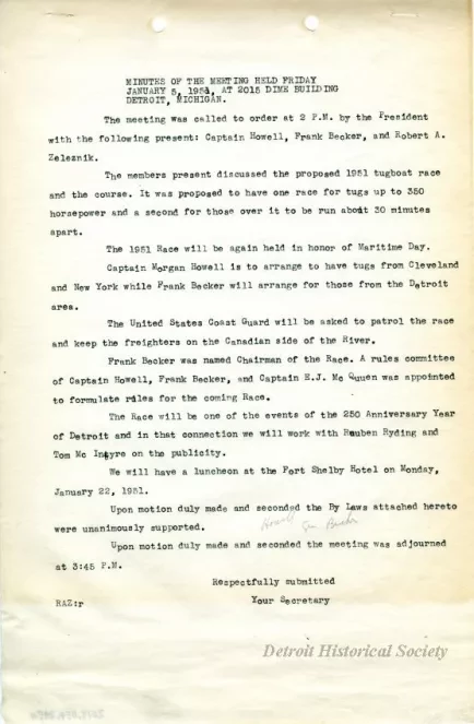 Minutes - Minutes of the Meeting Held Friday, January 5, 1951, 
at 2015 Dime Building, Detroit, Michigan