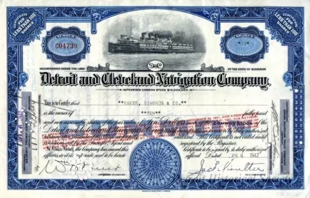 Certificate, Stock - Detroit and Cleveland Navigation Company