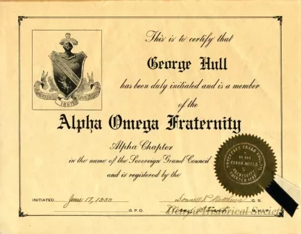 Certificate, Membership - Alpha Omega Fraternity -
George Hull