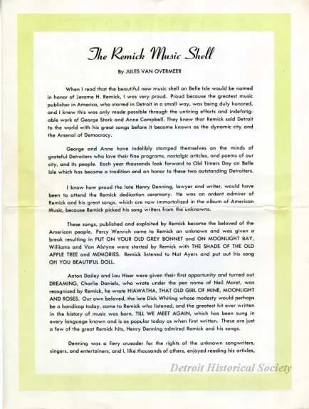 Pamphlet - A Tribute to George and Anne, Old Timers Day, Belle Isle, 1950