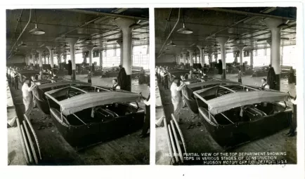 Stereograph - Partial View of The Top Department Showing Tops In Various Stages Of Construction, Hudson Motor Car Co, Detroit, USA
