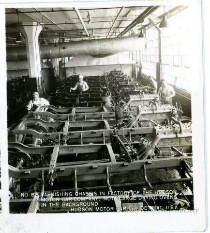 Stereograph - Varnishing Chassis In Factory Of The Hudson Motor Car Company; Note Large Drying Ovens In The Background, Hudson Motor Car Co, Detroit, USA
