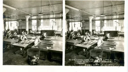 Stereograph - Cutting Hides For Hudson Super-Six Upholstery In Factory Of The Hudson Motor Car Company In The Background, Hudson Motor Car Co, Detroit, USA