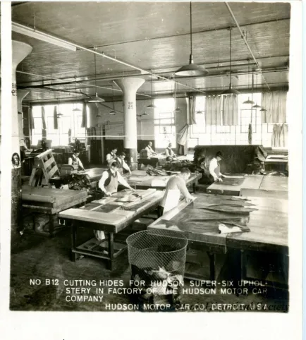 Stereograph - Cutting Hides For Hudson Super-Six Upholstery In Factory Of The Hudson Motor Car Company In The Background, Hudson Motor Car Co, Detroit, USA