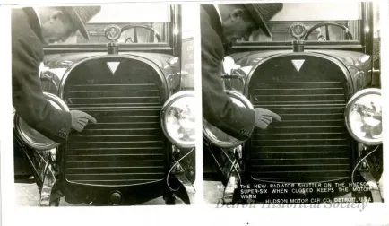 Stereograph - The New Radiator Shutter On The Hudson Super-Six When Closed Keeps The Motor Warm, Hudson Motor Car Co, Detroit, USA