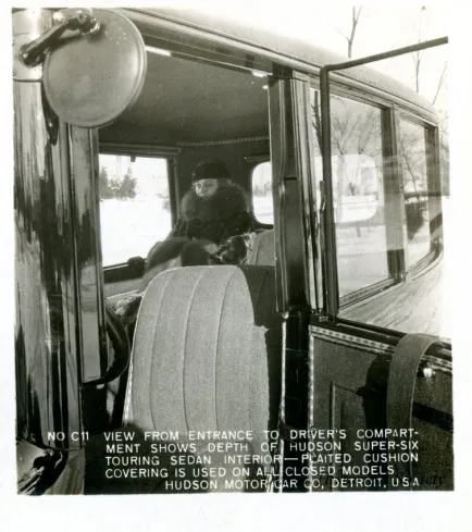 Stereograph - View From Entrance To Driver's Compartment Shows Depth Of Hudson Super-Six Touring Sedan Interior - Plated Cushion Covering Is Used On All Closed Models, Hudson Motor Car Co, Detroit, USA