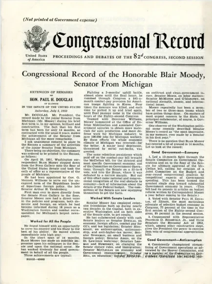 Proceedings - Congressional Record of the Honorable Blair Moody, Senator from Michigan