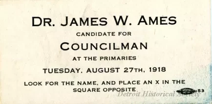 Card, Political - Dr. James W. Ames
Candidate for Councilman