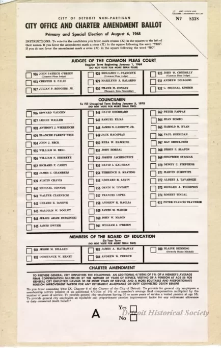 Ballot - City of Detroit Non-Partisan
City Office and Charter Amendment Ballot
Primary and Special Election of August 6, 1968