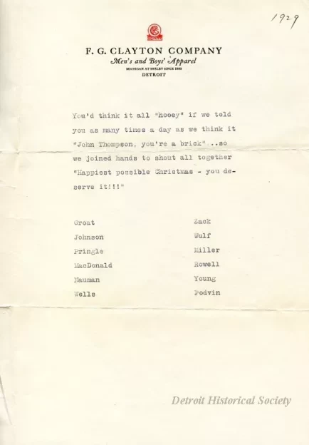 Letter - F. G. Clayton Company