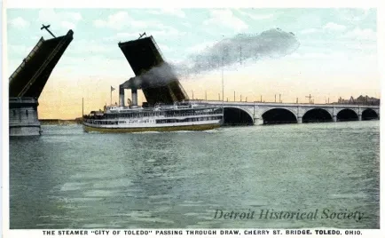 Postcard - The Steamer "City of Toledo" Passing Through Draw, 
Cherry St. Bridge, Toledo, Ohio