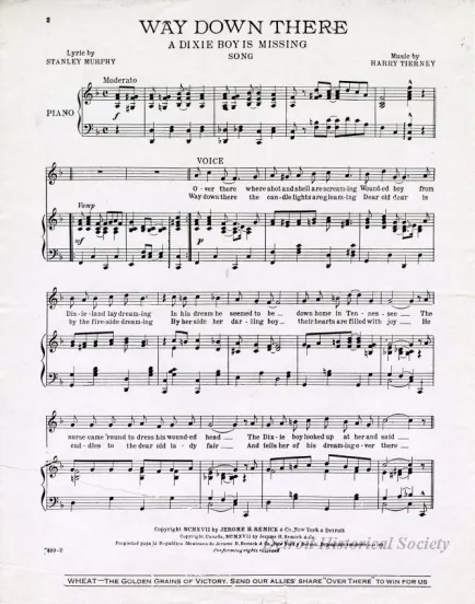 Music, Sheet - Way Down There, A Dixie Boy is Missing