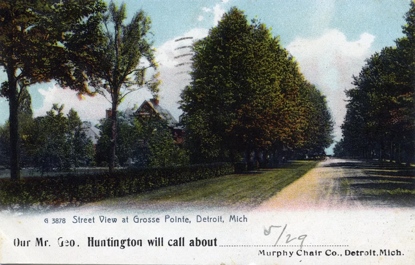 Tree-lined street under a blue sky with clouds, flanked by green lawns. Vintage postcard style.