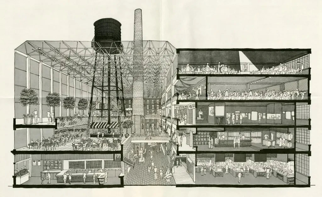 Cutaway architectural drawing of a building with glass atrium, multiple floors, and a large water tower structure inside.