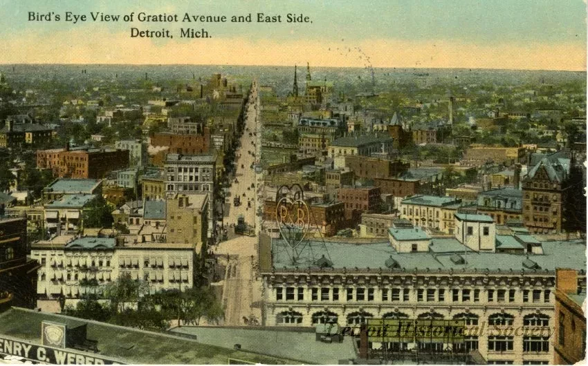 Postcard - Bird's Eye View of Gratiot Avenue and East Side, Detroit, Mich.