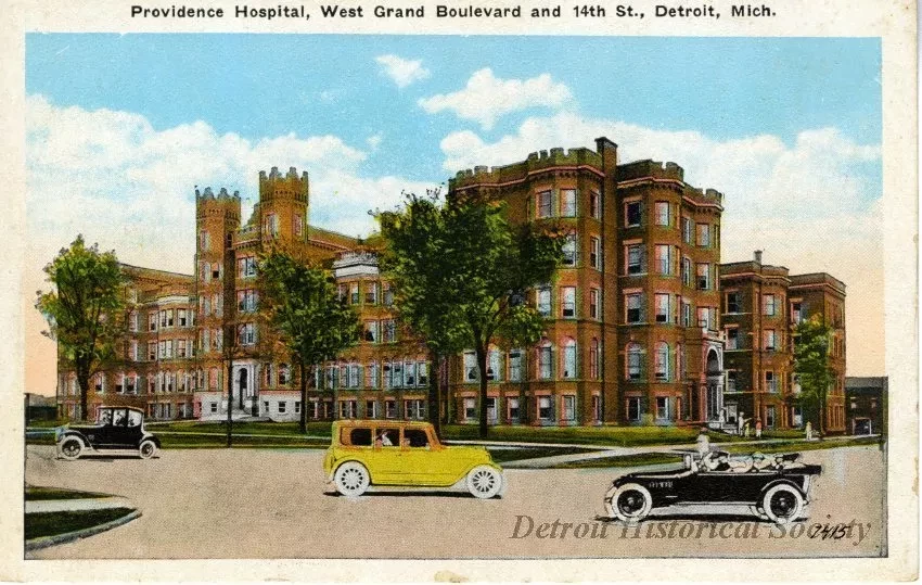 Postcard - Providence Hospital, West Grand Boulevard and 14th St., Detroit, Mich.