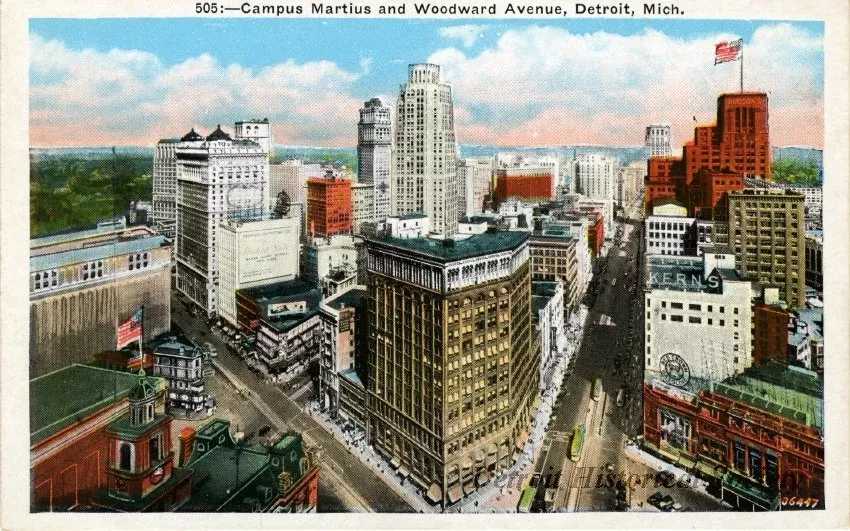 Postcard - Campus Martius and Woodward Avenue, Detroit, Mich.