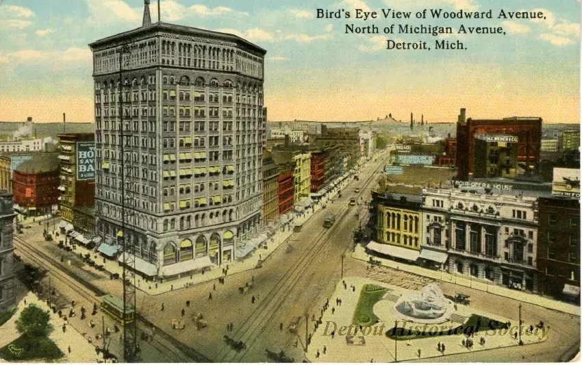 Postcard - Bird's Eye View of Woodward Avenue, North of Michigan Avenue, Detroit, Mich.