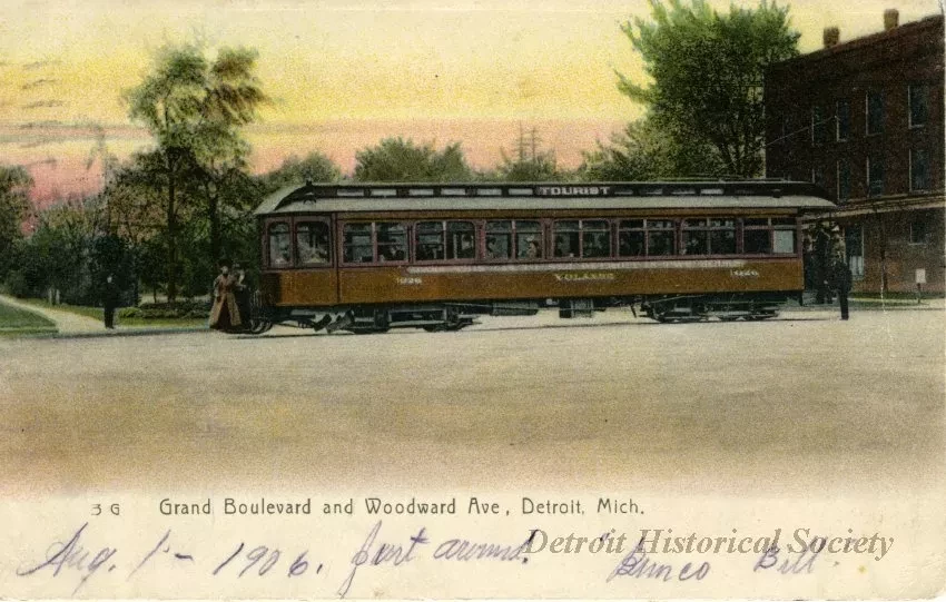 Postcard - Grand Boulevard and Woodward Ave, Detroit, Mich.