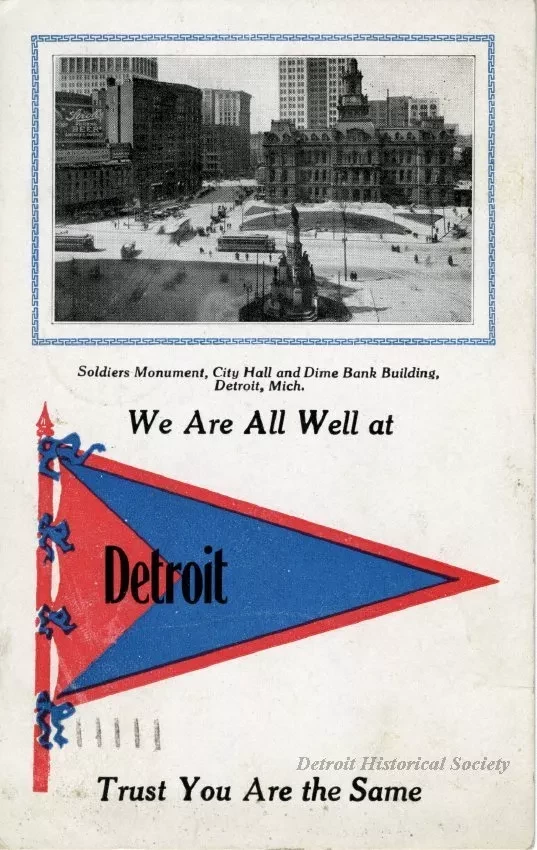 Postcard - Soldiers Monument, City Hall, and Dime Bank Building, Detroit, Mich.