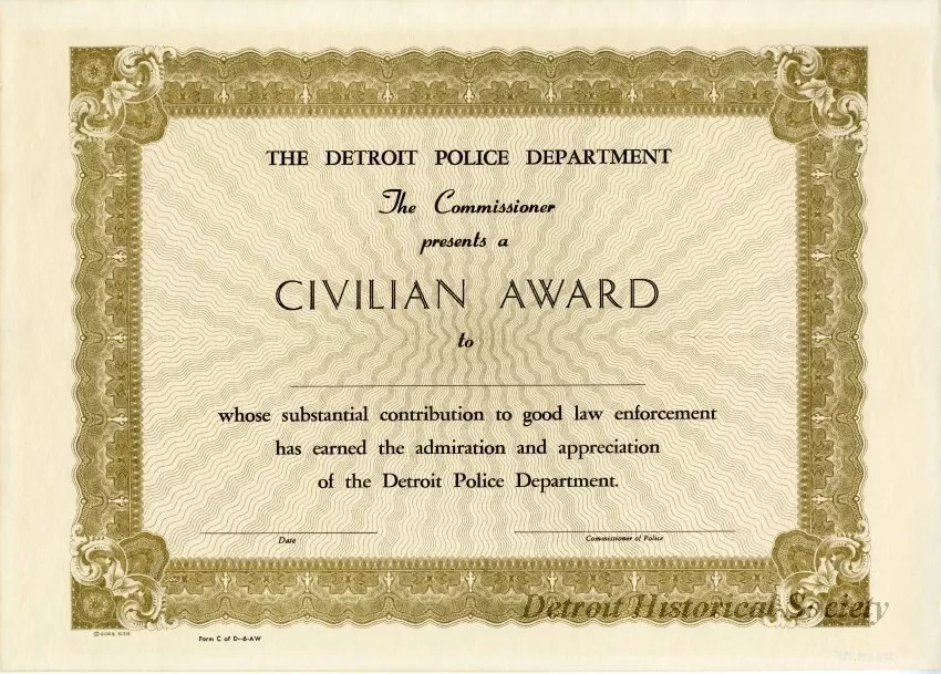 Certificate - The Detroit Police Department
Civilian Award