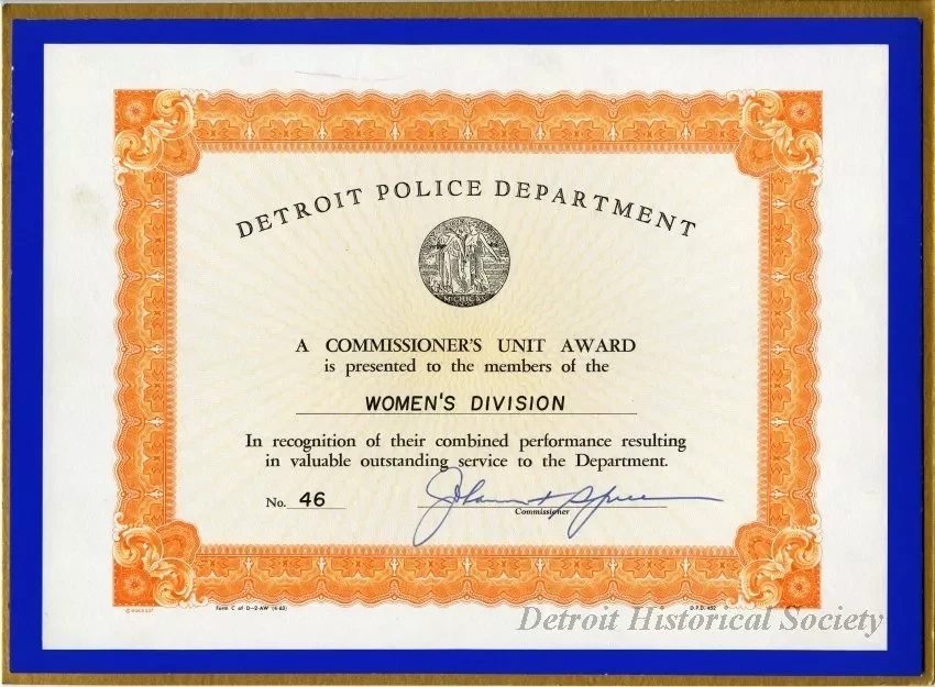 Certificate - Detroit Police Department
Commissioner's Unit Award