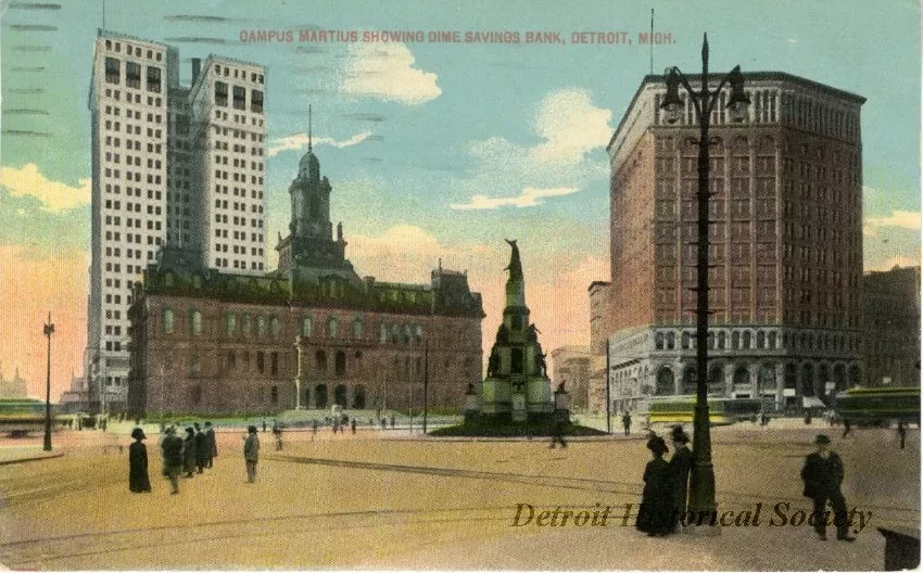 Postcard - Campus Martius showing Dime Savings Bank, Detroit, Mich.