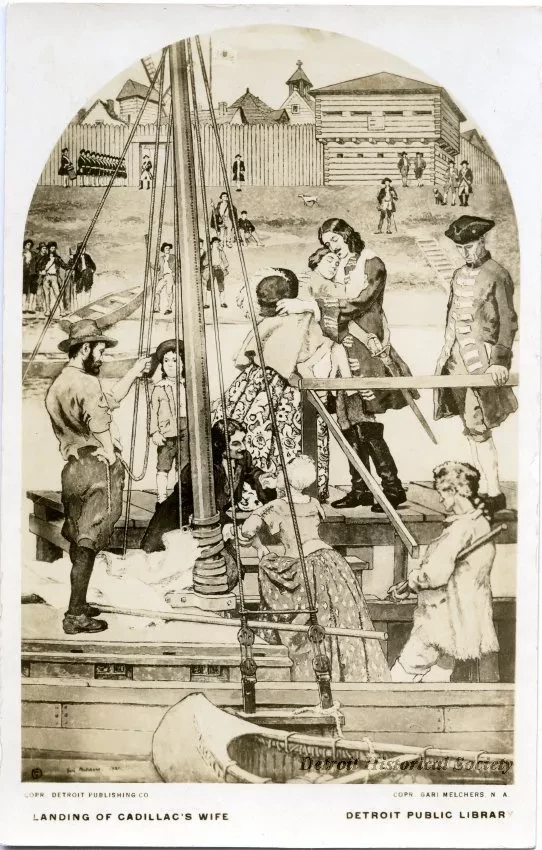 Postcard - Landing of Cadillac's Wife, Detroit Public Library - Landing of Cadillac's Wife